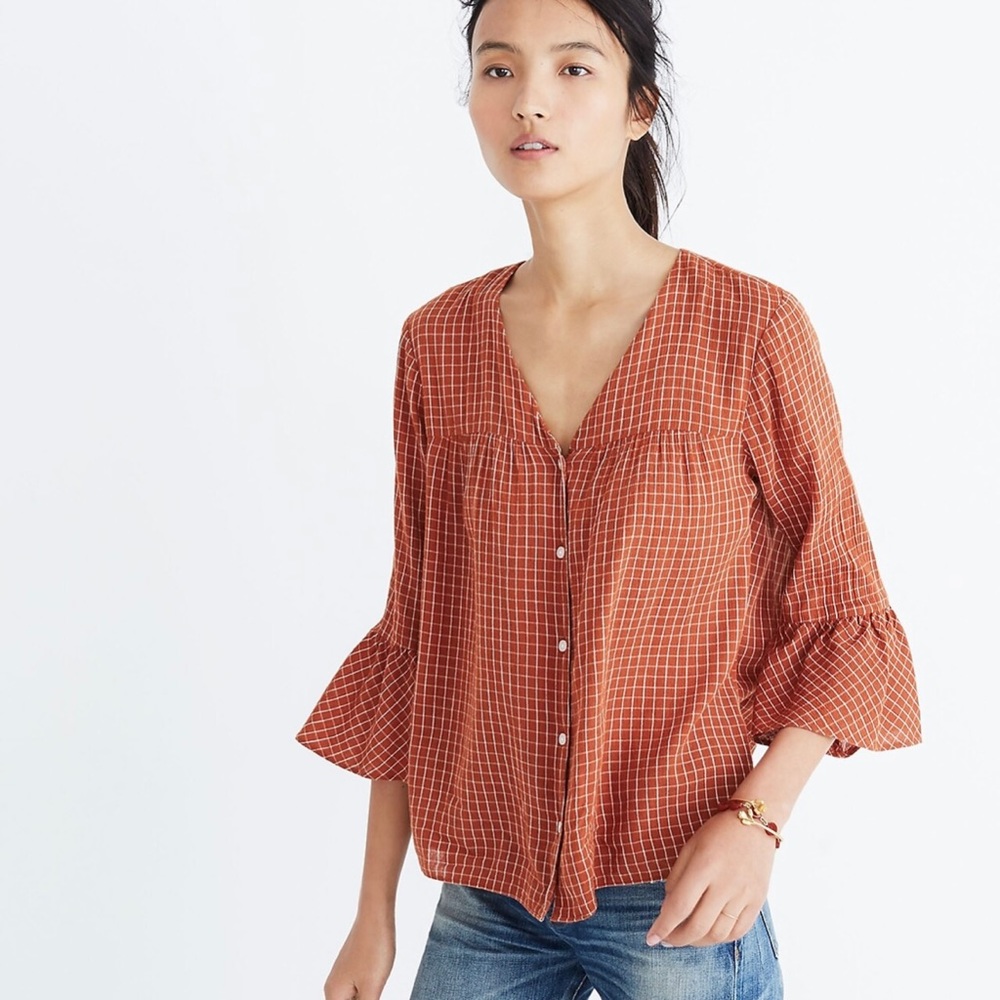 Madewell Veranda Bell-Sleeve Shirt in Windowpane X-Small
